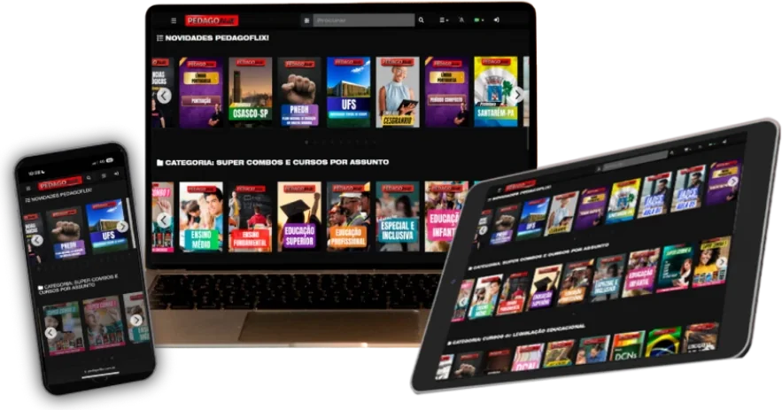 Plataforma de videoaulas da Pedagoflix no computador, tablet e celular